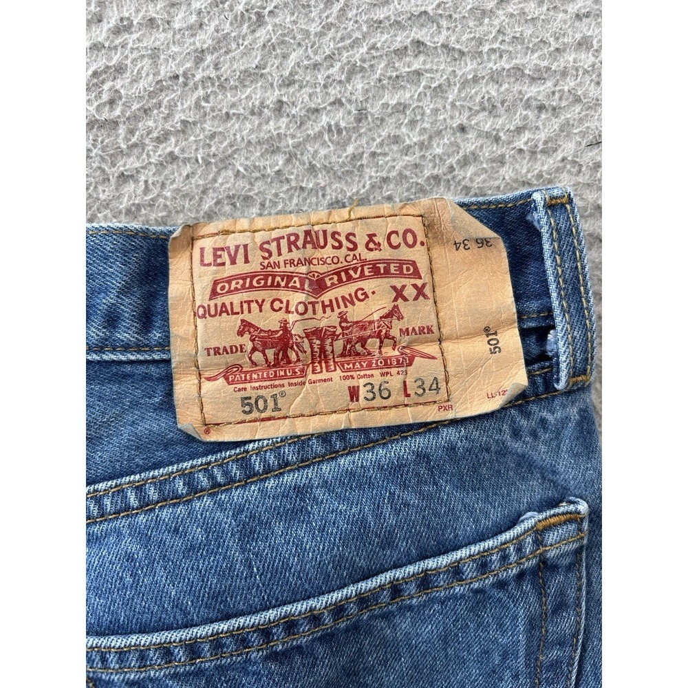 Levis 501 Jeans Mens 36x34 (Fits 34x29) Blue Button Fly Straight Leg - Picture 10 of 12